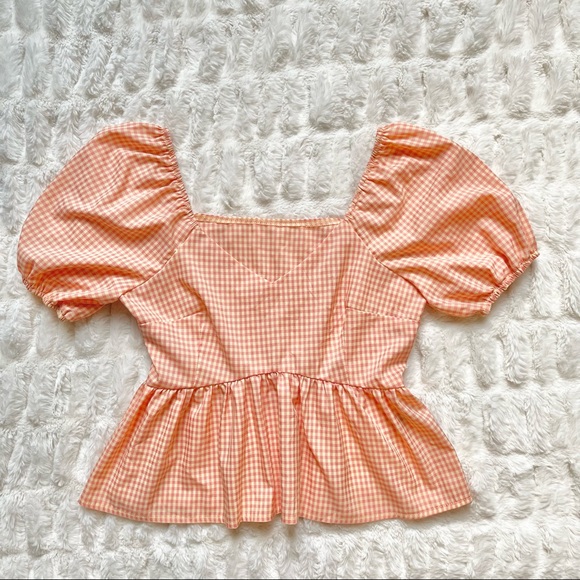 Shein Apricot Gingham Puff Sleeve Peplum Top - Picture 6 of 16